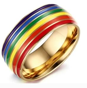 Colorful Striped Rainbow Unisex Band Ring Sz 8